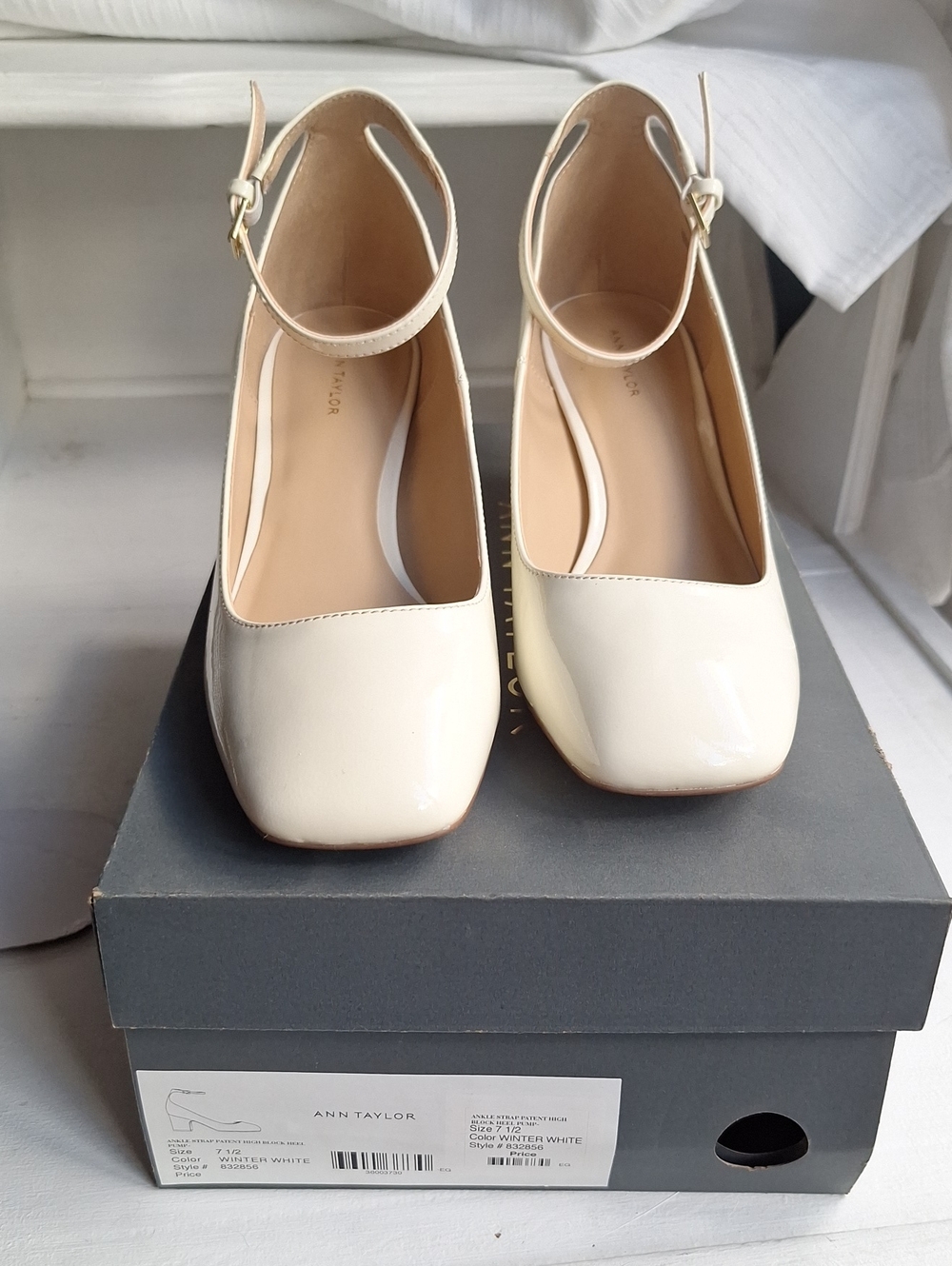 Ann Taylor Patent Cream Ankle-Strap Block Heels